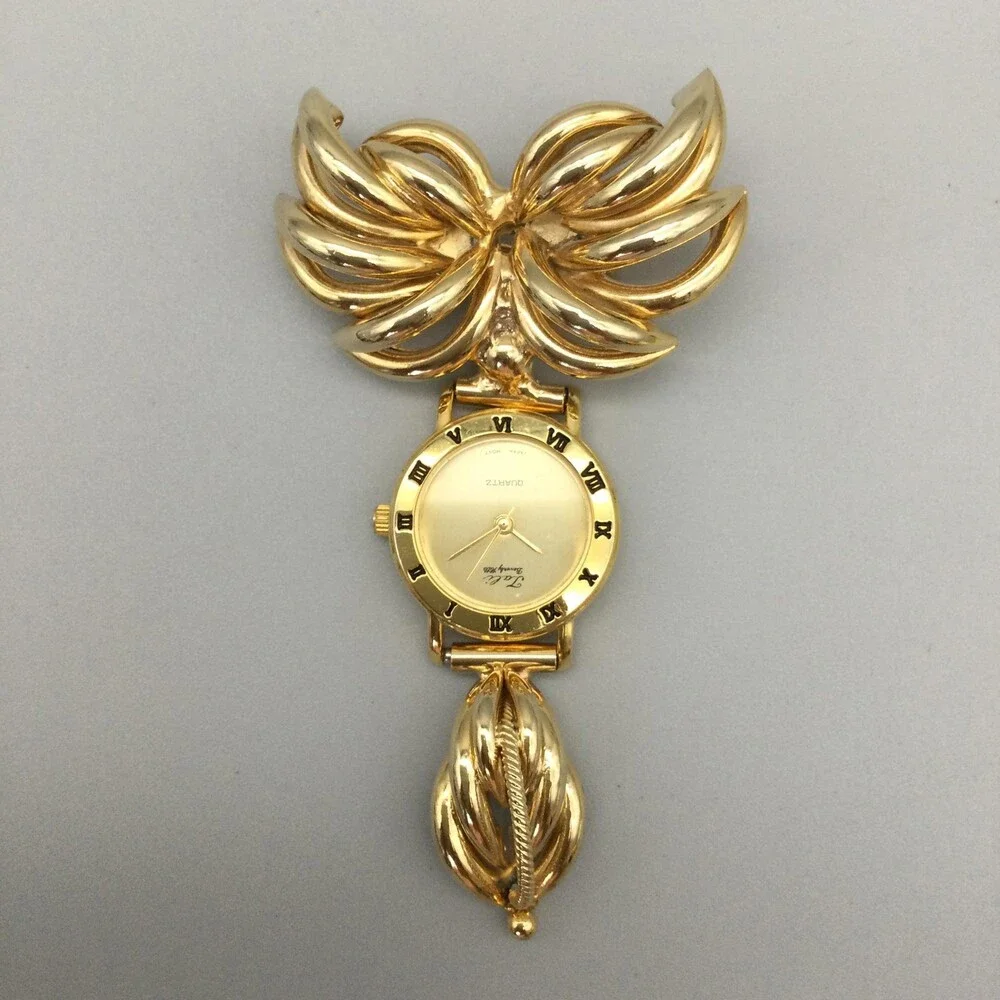 Tali Beverly Hills Nurse Brooch Watch Womens 24mm Gold Tone Leaf New Battery